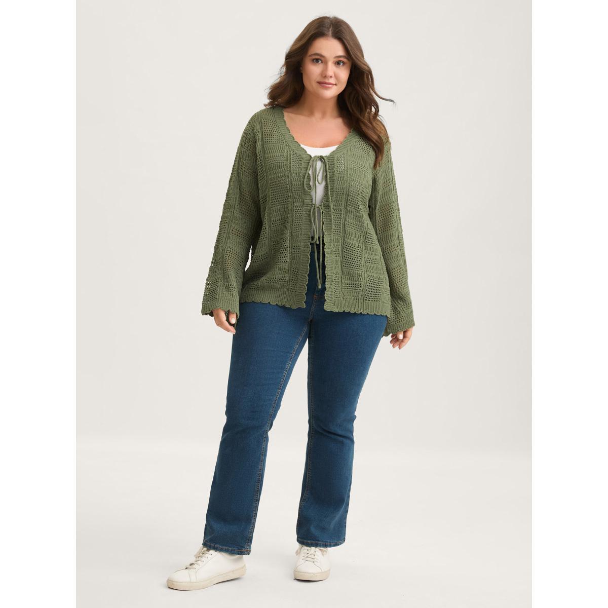 Plus Size Crochet Textured Front-Tie Knit Cardigan Sage Women Loose Long Sleeve Everyday-Casual Cardigans BloomChic 30/6X Product Image