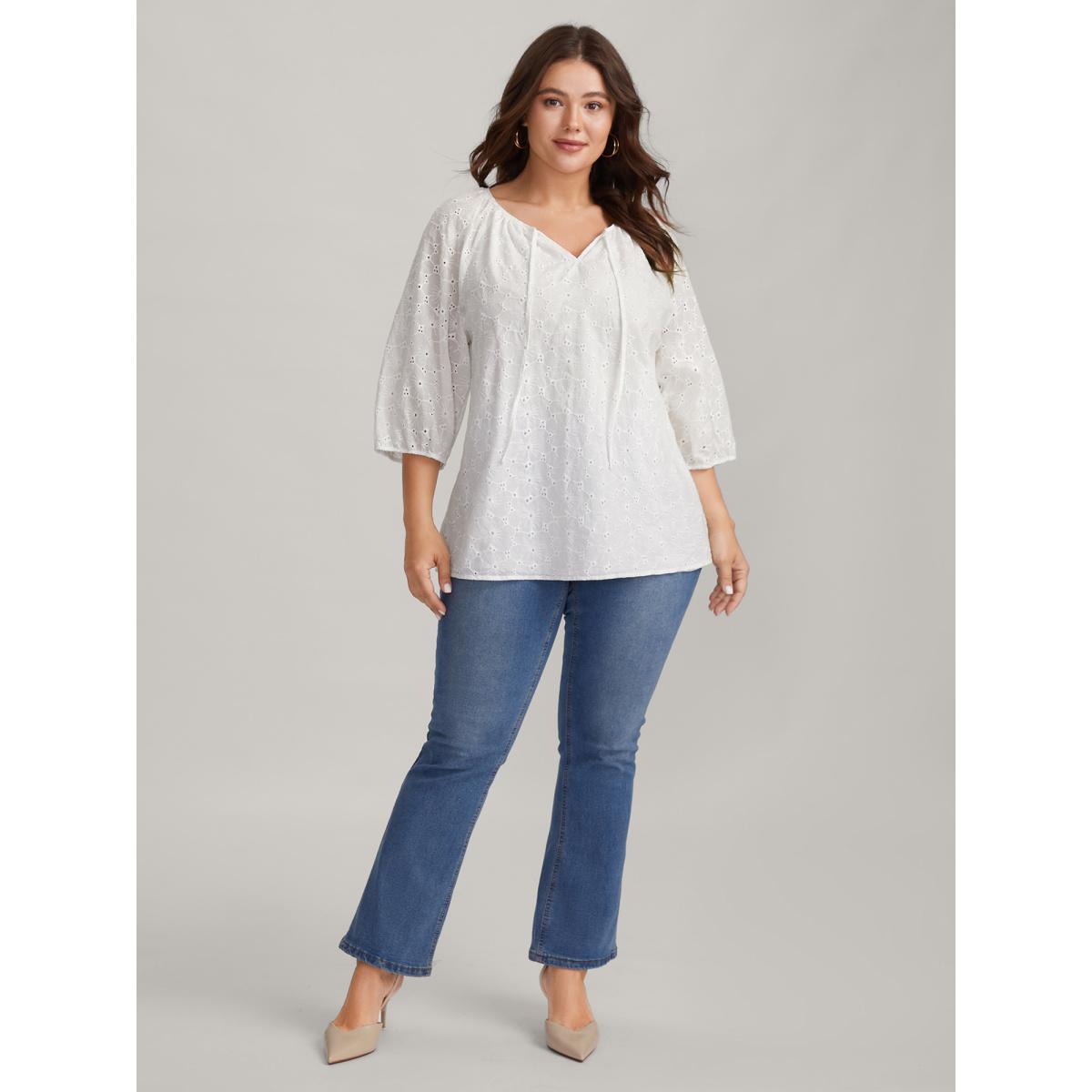Plus Size WhiteSmoke Pure Cotton Eyelet Texture Blouse Women Elbow-length sleeve Notched collar Everyday-Elegant Blouses BloomChic 30/6X Product Image