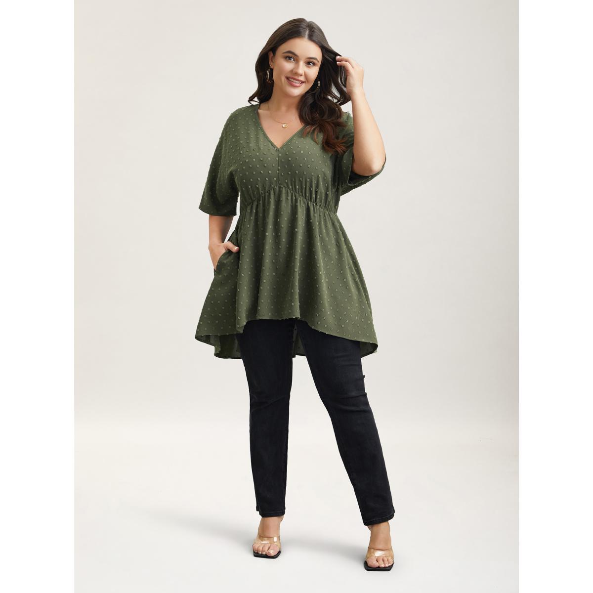Plus Size ArmyGreen Textured Hi-Low Hem Pockets Shirt Women Casual Half Sleeve V-neck Everyday Blouses BloomChic 30/6X Product Image