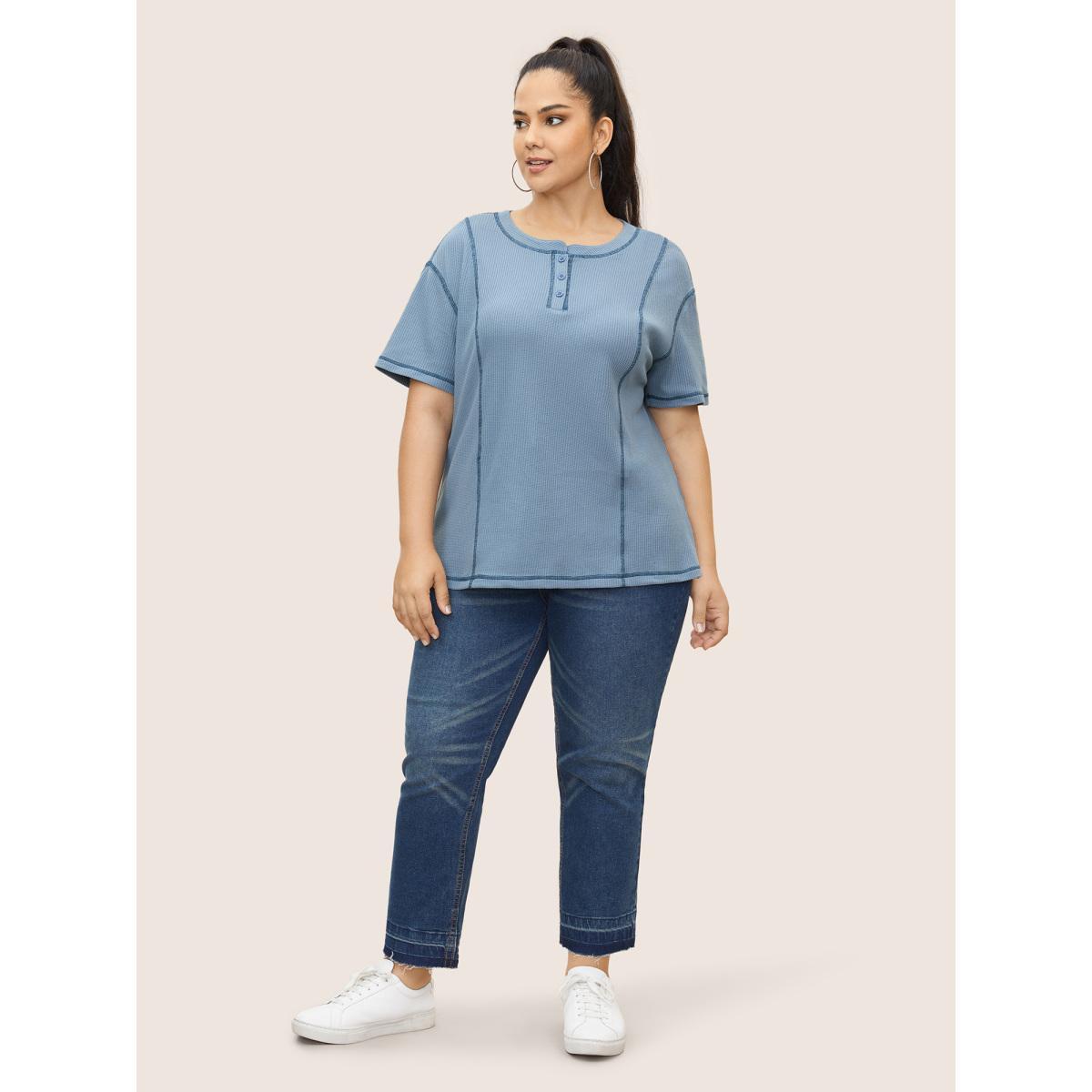 Plus Size Waffle Knit Round Neck Button Up T-shirt Stone Women Casual Button Round Neck Everyday T-shirts BloomChic 14-16/1X Product Image