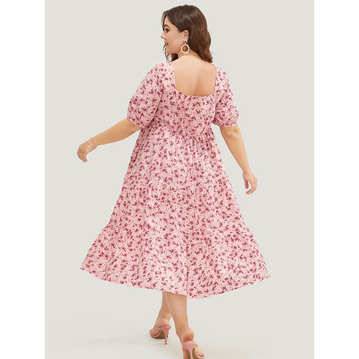 Plus Size Ditsy Floral Ruffle Tiered Pocket Ruched Puff Sleeve Drawstring Dress Watermelon Women Elegant Non Square Neck Short sleeve Curvy BloomChic 10/M Product Image