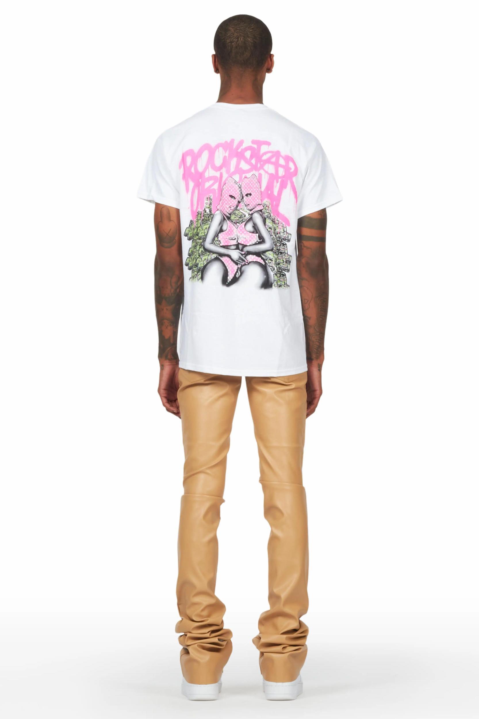 Badbich White T-Shirt & Ricky Tan Super Stacked Faux Leather Pant Bundle Male Product Image
