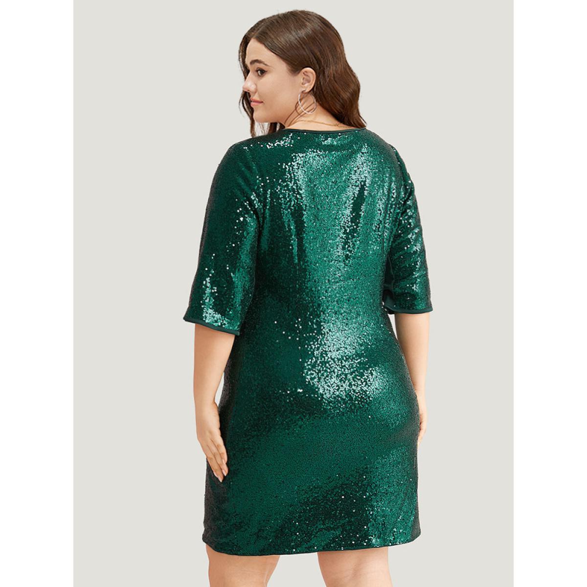 Plus Size Sequin Twist Front V Neck Dress DarkGreen Women Party Plain V-neck Short sleeve Curvy Knee Dress BloomChic 28/5X Product Image