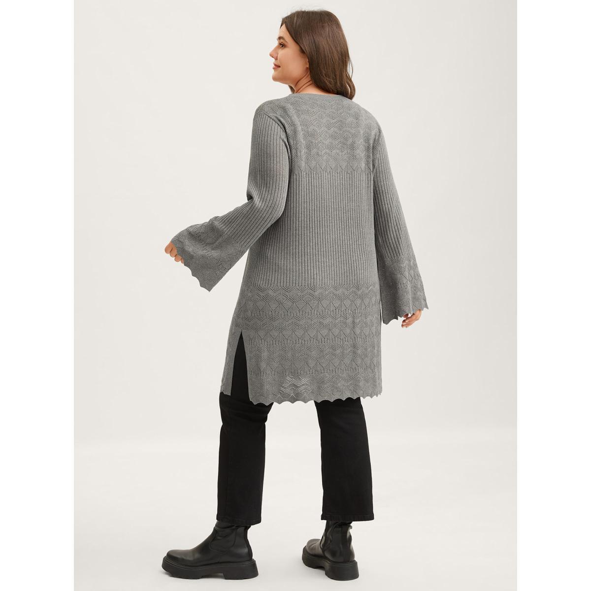 Plus Size Front Tie Textured Long Knit Cardigan DarkGray Women Loose Long Sleeve Everyday-Casual Cardigans BloomChic 26/4X Product Image