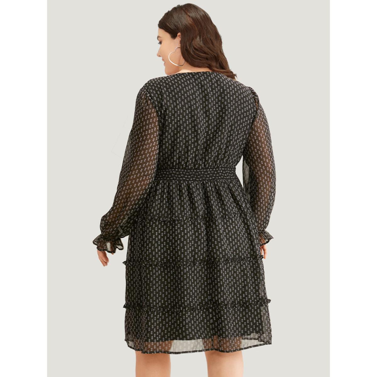Plus Size Geometric Shirred Mesh Frill Trim Dress BlackFlower Women At the Office See through V-neck Long Sleeve Curvy Midi Dress BloomChic 22-24/3X Product Image