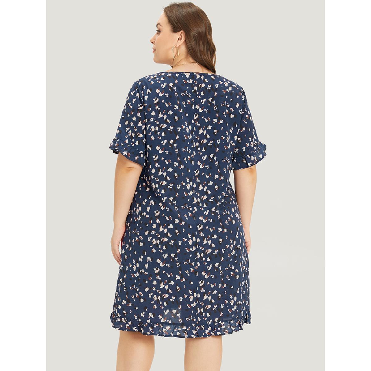 Plus Size Allover Print Pocket Flutter Trim Dress DarkBlue Women Elegant Pocket Round Neck Short sleeve Curvy Knee Dress BloomChic 12/L Product Image