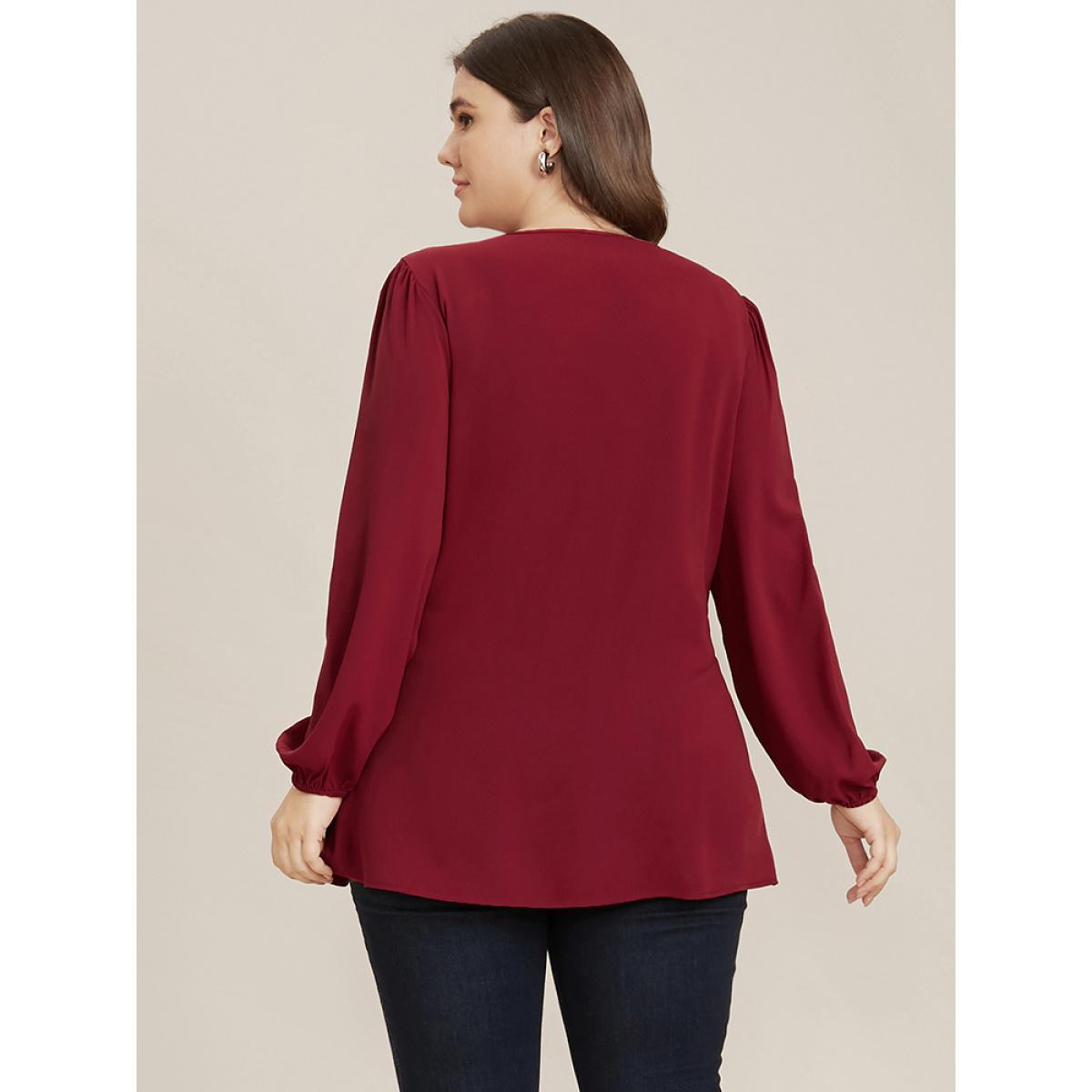 Plus Size Burgundy Solid V Neck Lantern Sleeve Knotted Front Blouse Women Elegant Long Sleeve V-neck Dailywear Blouses BloomChic 14-16/1X Product Image