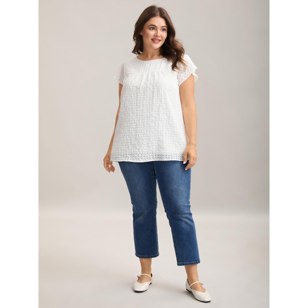 Plus Size WhiteSmoke Textured Sheer Lined Flutter Sleeve Blouse Women Cap Sleeve Round Neck Everyday-Casual Blouses BloomChic 14-16/1X Product Image