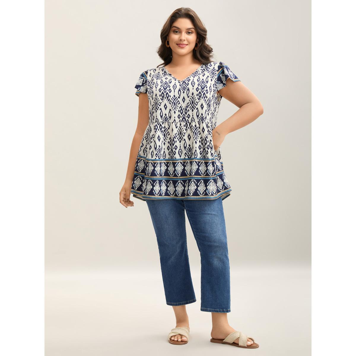 Plus Size Indigo Boho Print High-Low Hem Shirt Women Resort Cap Sleeve V-neck Vacation Blouses BloomChic 30/6X Product Image