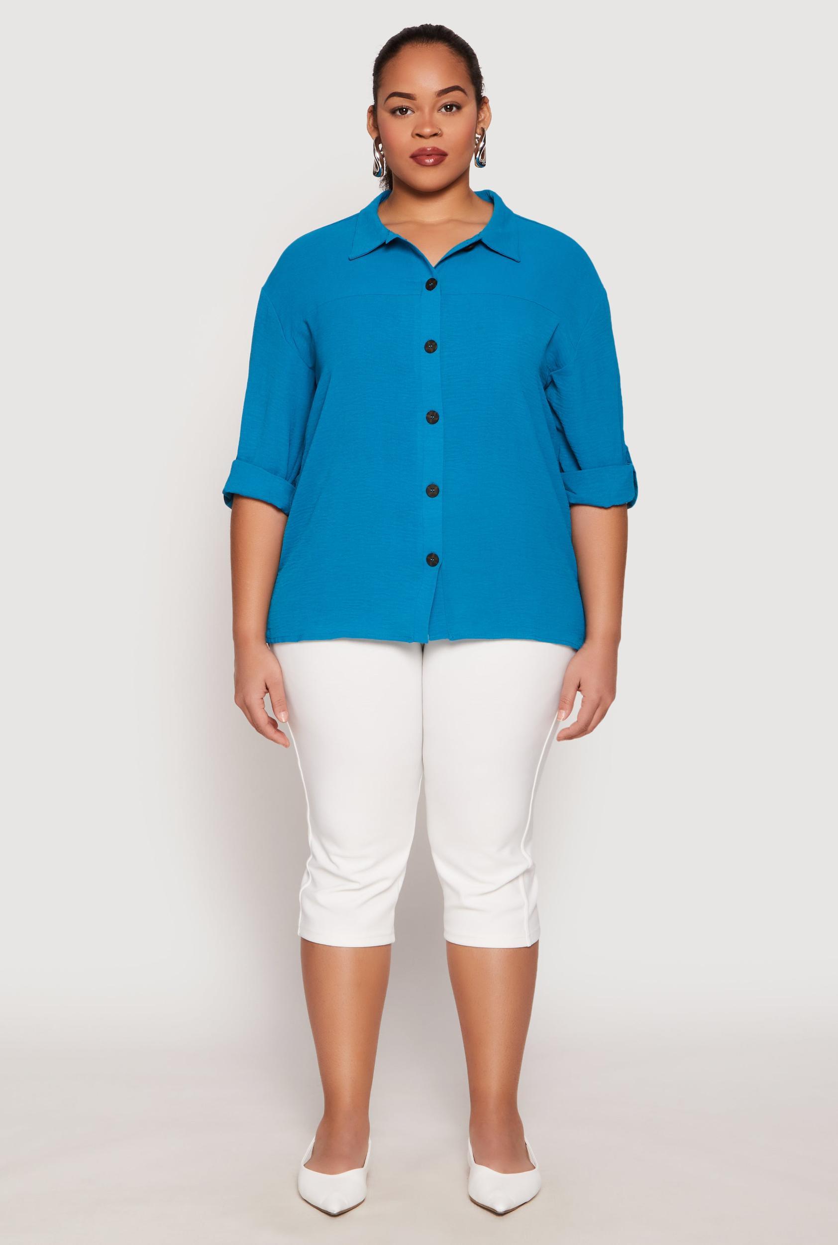 Womens Plus Size Airy Crepe Knit Tabbed Sleeve Shirt Product Image