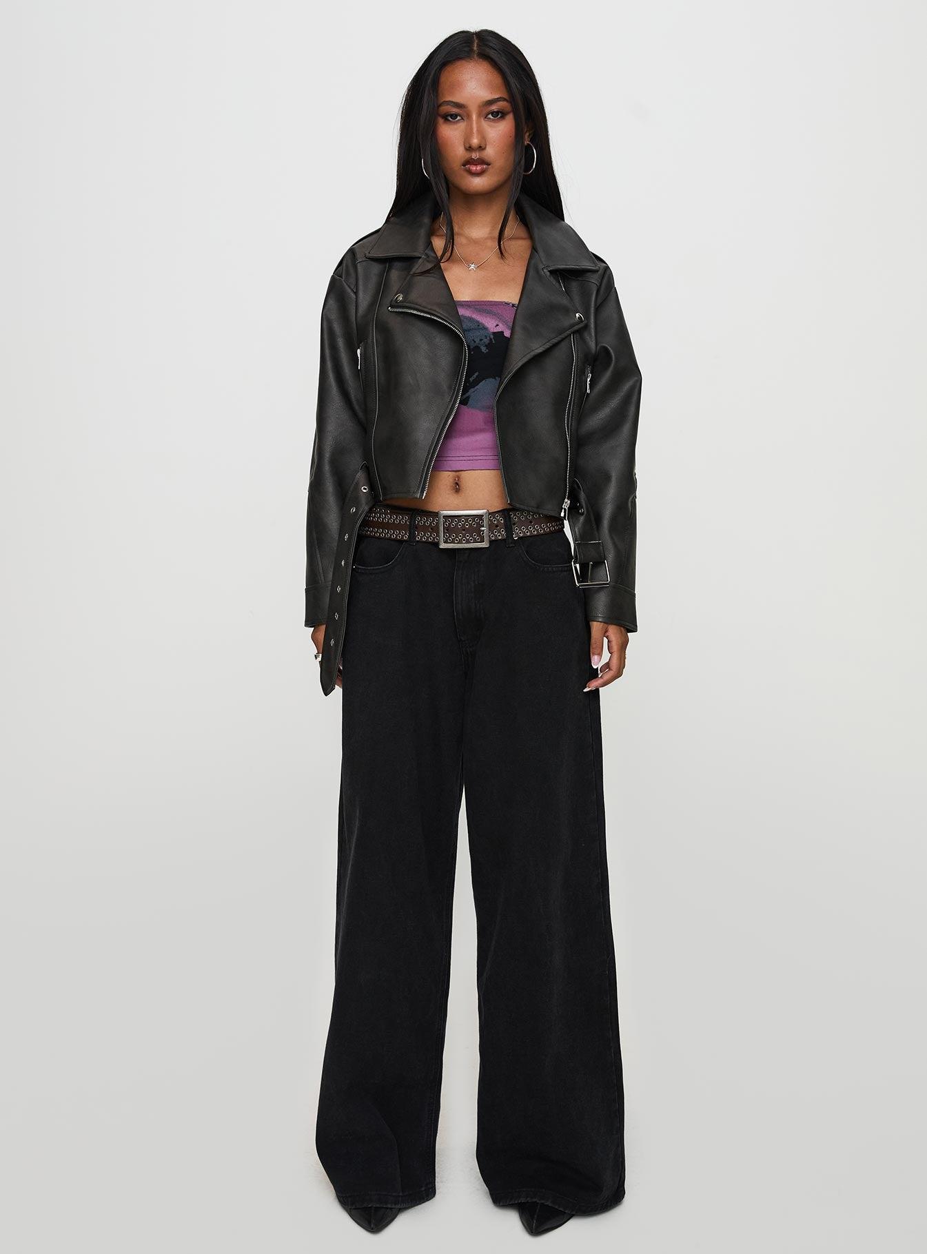 Face The Wind Faux Leather Jacket Grey Product Image