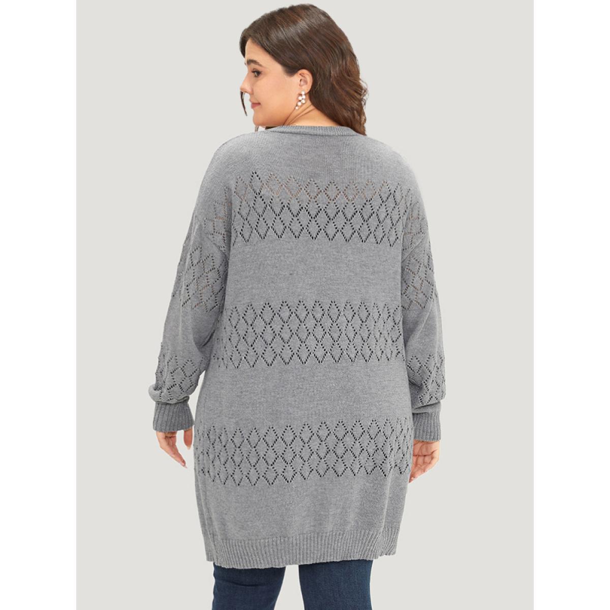 Plus Size Geometric Eyelet Elastic Cuffs Tunic Cardigan DarkGray Women Casual Loose Long Sleeve Dailywear Cardigans BloomChic 30/6X Product Image
