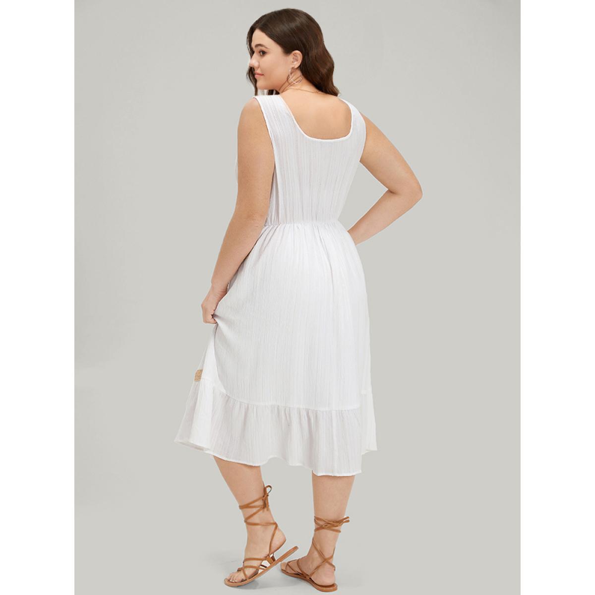 Plus Size V Neck Patchwork Ruffle Hem Elastic Waist Tank Dress White Women Vacation Lined V-neck Sleeveless Curvy Midi Dress BloomChic 14-16/1X Product Image
