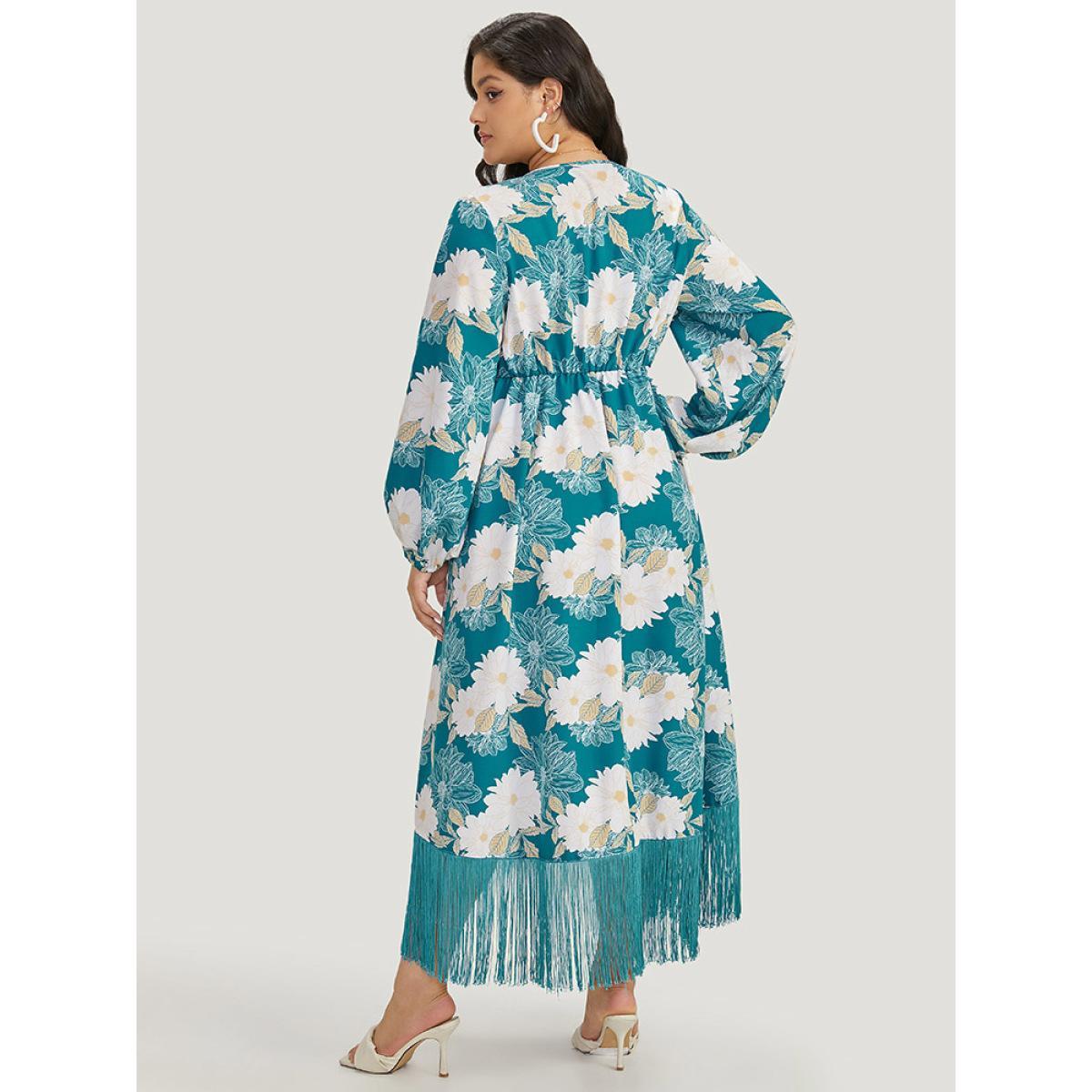 Plus Size Floral Print Wrap Tassel Trim Lantern Sleeve Dress Cerulean Women Elegant Elastic cuffs V-neck Long Sleeve Curvy Midi Dress BloomChic 12/L Product Image