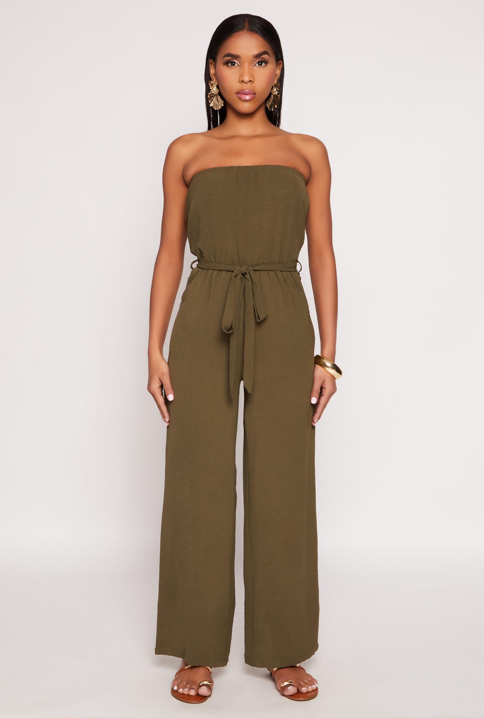 Womens Crepe Knit Tie Waist Strapless Jumpsuit Product Image