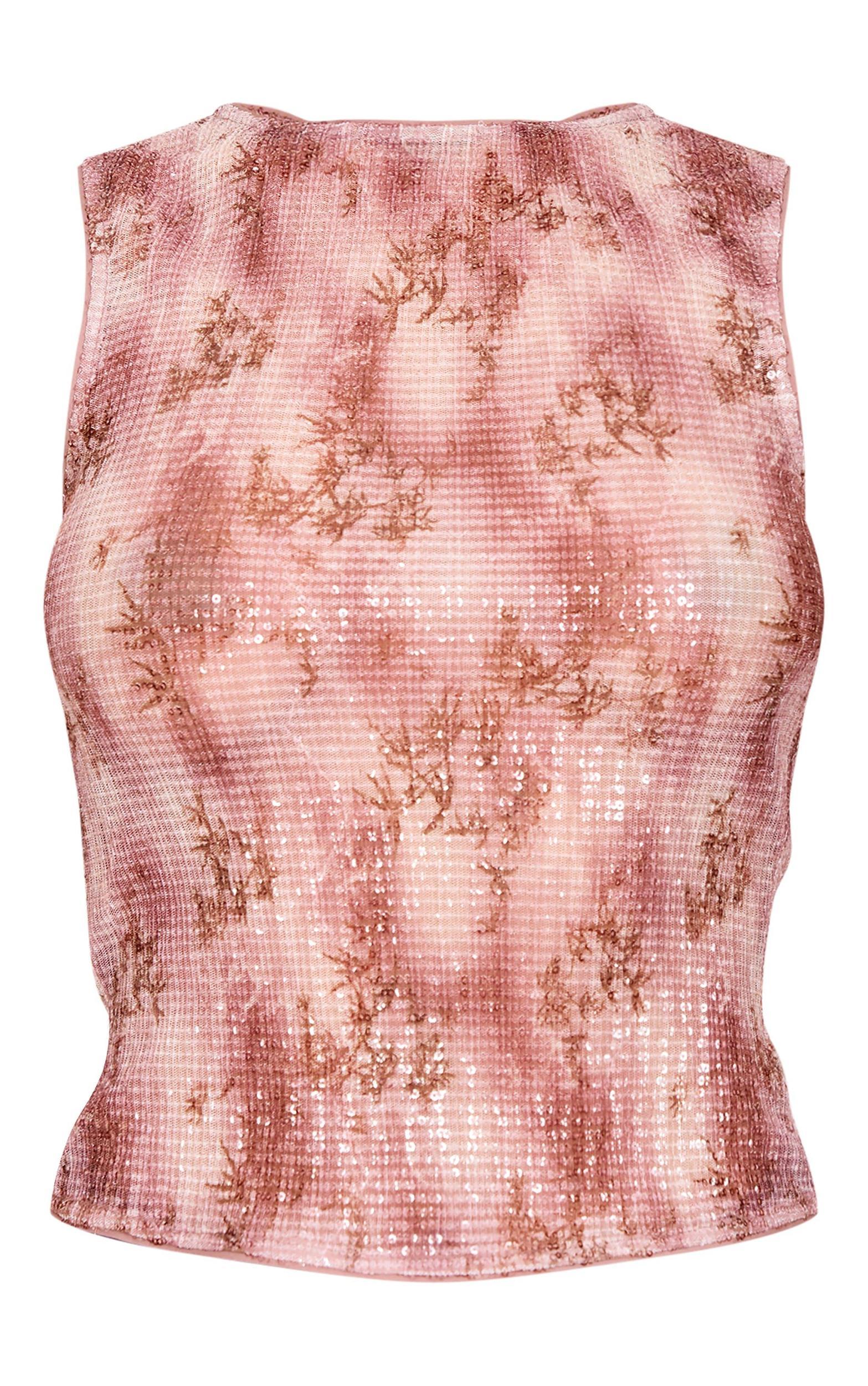 Brown Textured Sequin Boat Neck Printed Long Top Product Image
