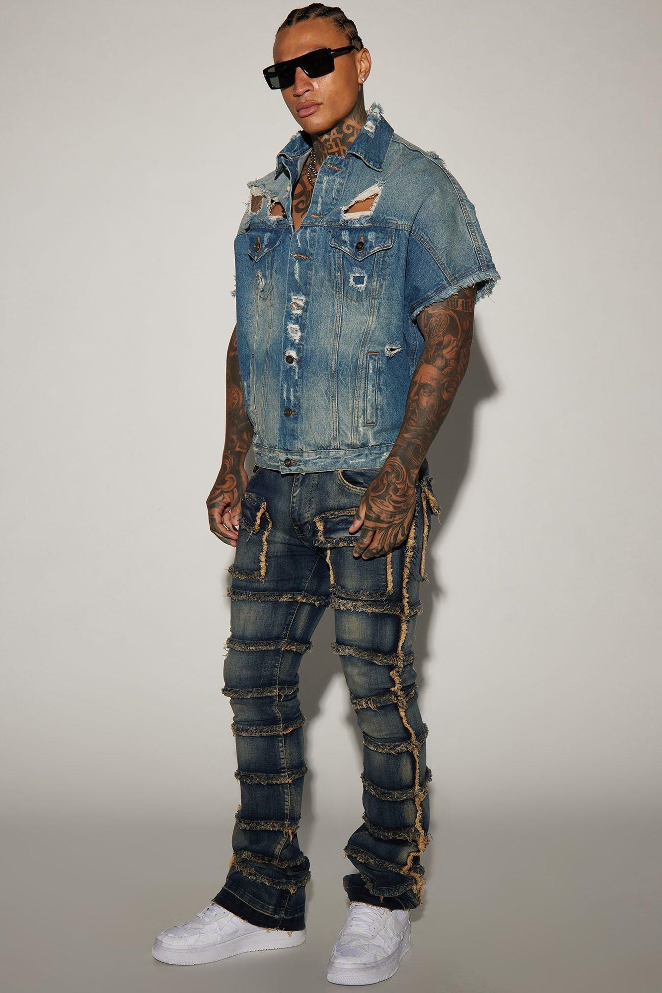 Square Pockets Fray Stacked Skinny Flare Jeans - Dark Wash Product Image