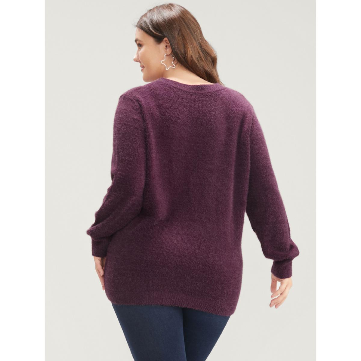 Plus Size Solid Soft Sexy Yarn Knit Twist Front Fluffy Knit Top Burgundy Women Elegant Loose Long Sleeve Round Neck Dailywear Pullovers BloomChic 12/L Product Image
