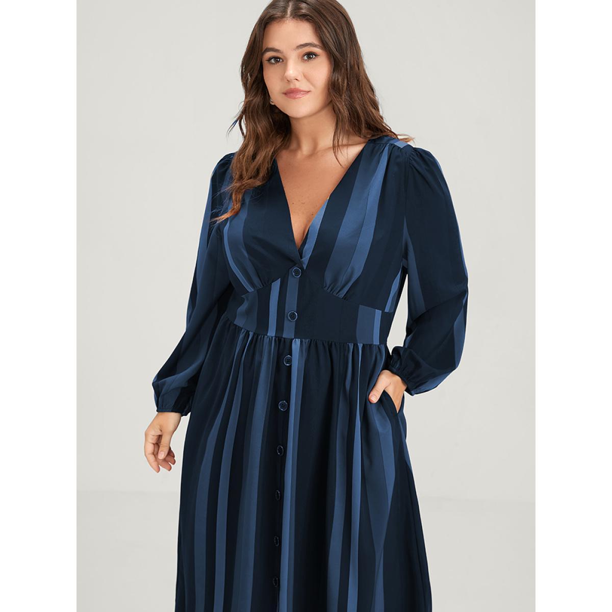 Plus Size Striped Lantern Sleeve Pocket Button Front Midi Dress Navy Women Vacation Printed V-neck Long Sleeve Curvy Midi Dress BloomChic 28/5X Product Image