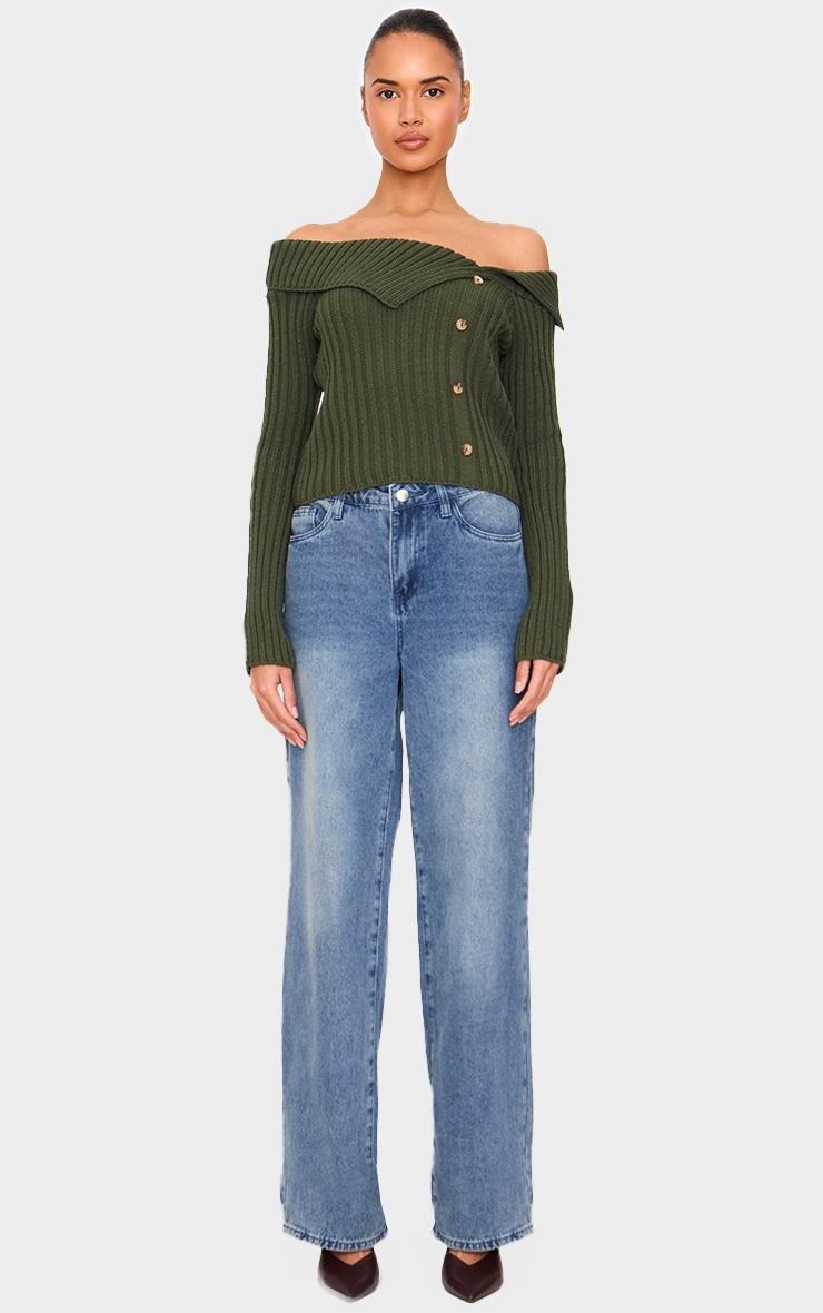 Olive Thick Rib Bardot Foldover Button Up Top Product Image