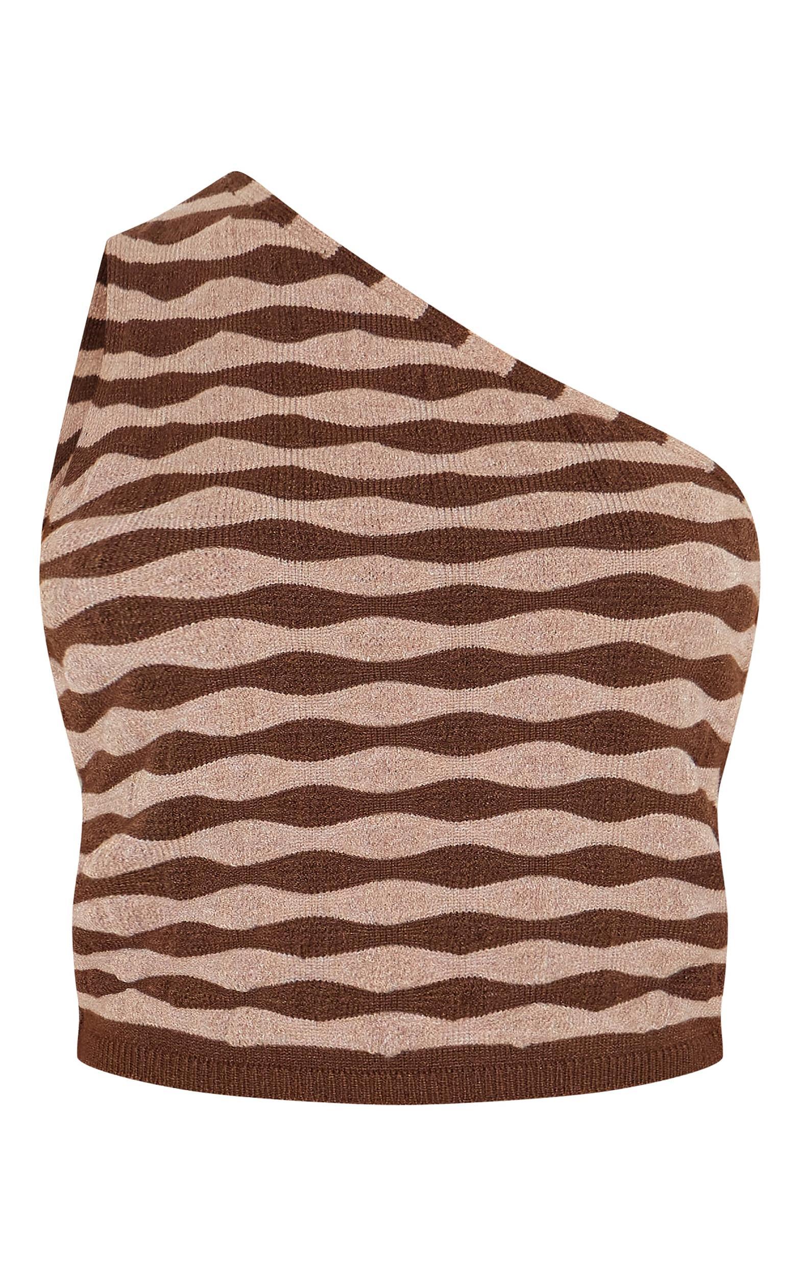 Petite Chocolate Knitted One Shoulder Striped Long Fitted Top Product Image