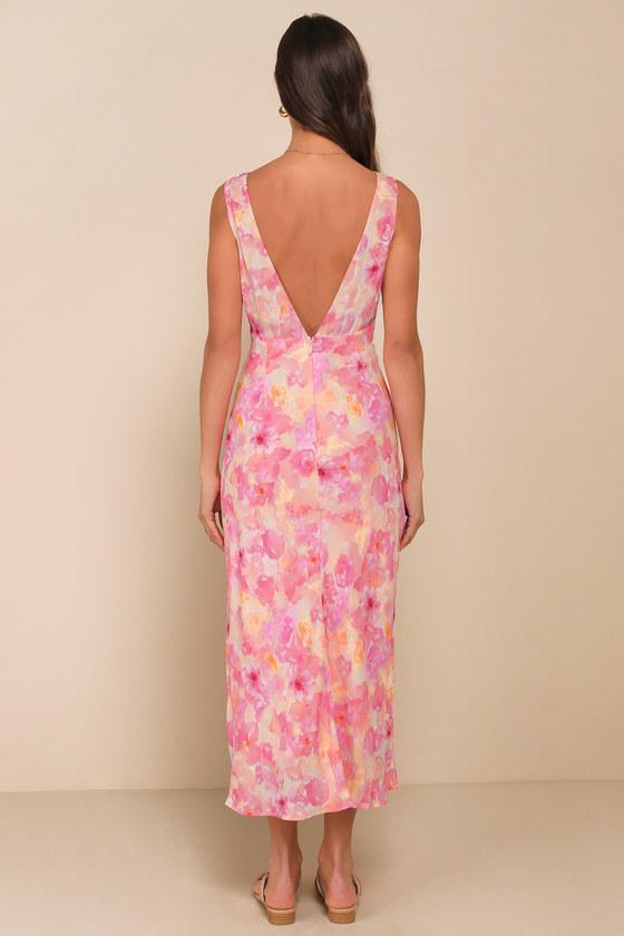 Picture-Perfect Days Pink Multi Floral Lace V-Neck Midi Dress Product Image