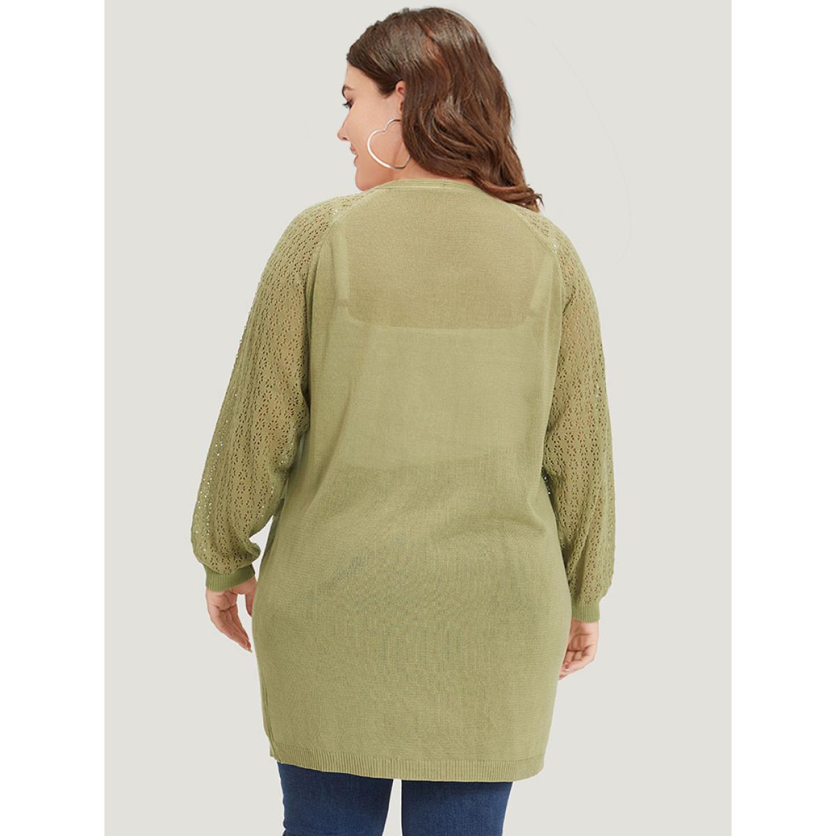 Plus Size Solid Patched Pocket Geometric Eyelet Raglan Sleeve Cardigan Olive Women Casual Loose Long Sleeve Dailywear Cardigans BloomChic 10/M Product Image