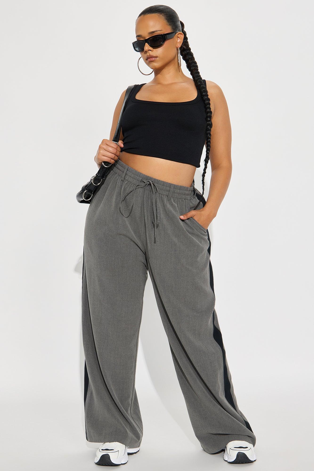 On Track Wide Leg Woven Side Stripe Pants - Charcoal Product Image