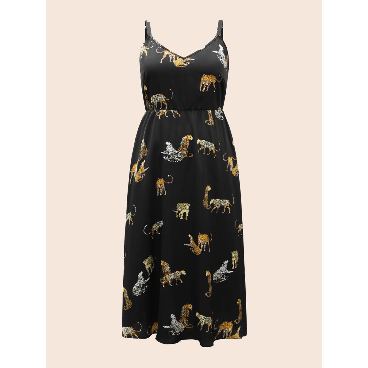 Plus Size Animal Print Elastic Waist Cami Dress Black Women Elegant Non V-neck Sleeveless Curvy BloomChic 26/4X Product Image
