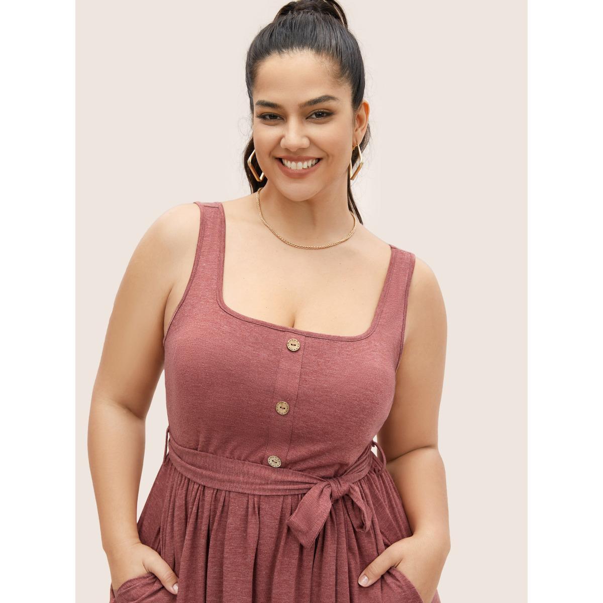 Plus Size Supersoft Essentials Button Detail Belted Gathered Dress Scarlet Women Casual Gathered Square Neck Sleeveless Curvy Midi Dress BloomChic 30/6X Product Image
