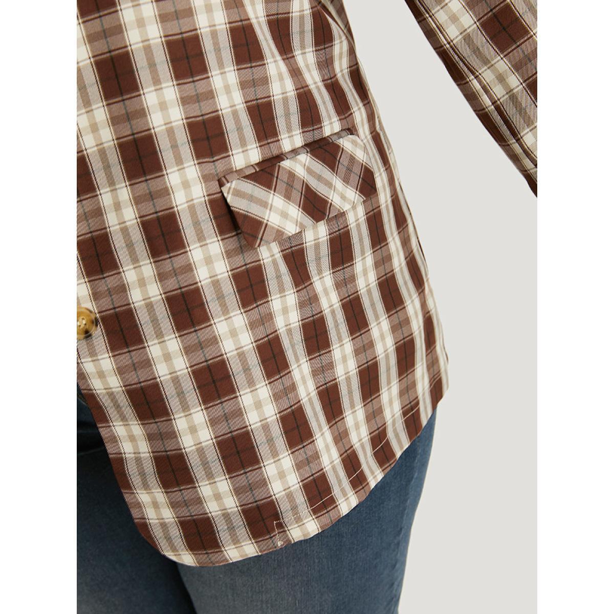 Plus Size Plaid Button Through Flap Pocket Blazer Bronze Women Dailywear Plaid Button Sleeve Long Sleeve Suit Collar 28/5X Pocket Casual Blazers BloomChic Product Image