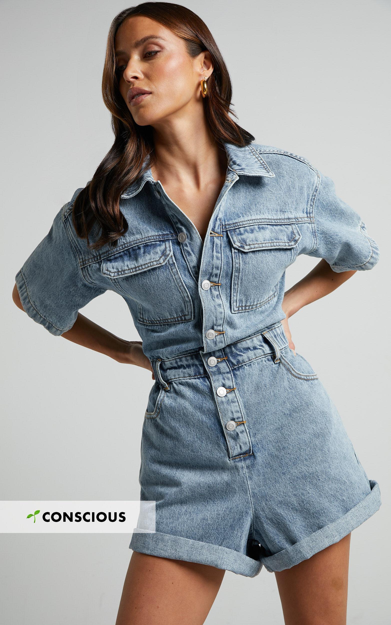 Leo Playsuit - Collared Short Sleeve Button Front Denim Playsuit in Mid Blue Acid Wash Product Image