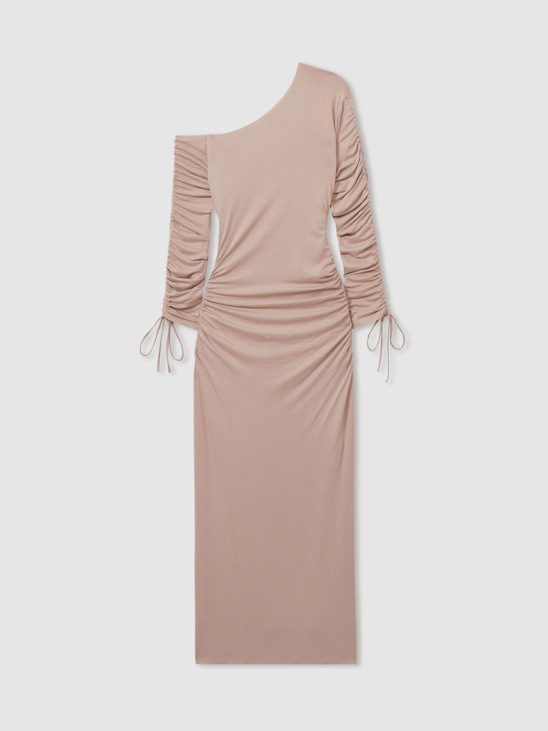 One-Shoulder Ruched-Jersey Midi Dress in Blush Product Image
