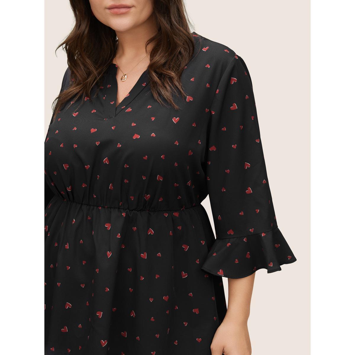 Plus Size Black Heart Print Flutter Sleeve Elastic Waist Blouse Women Elegant Elbow-length sleeve V-neck Everyday Blouses BloomChic 30/6X Product Image