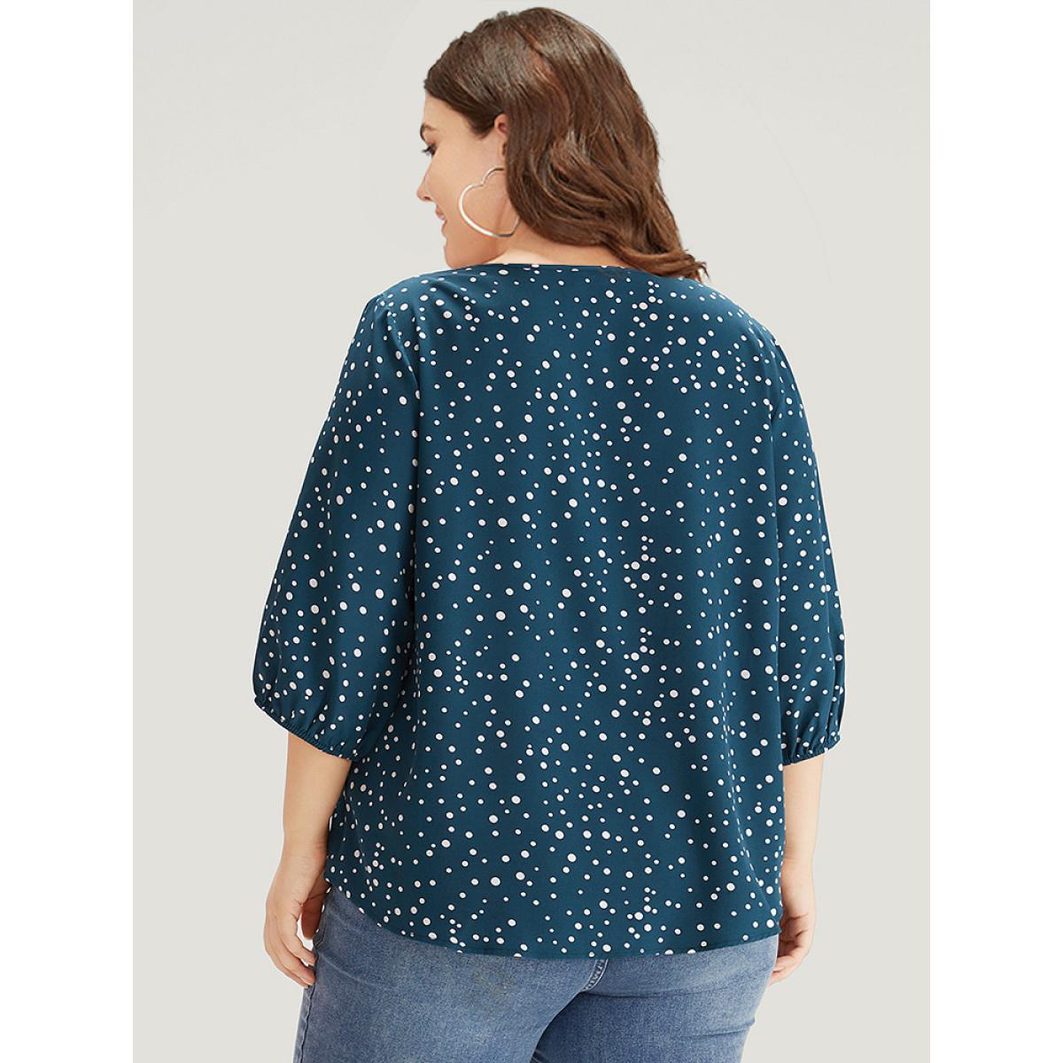 Plus Size Aegean Polka Dot Knot Neck Arc Hem Blouse Women Elegant Elbow-length sleeve Tie Neck Dailywear Blouses BloomChic 26/4X Product Image