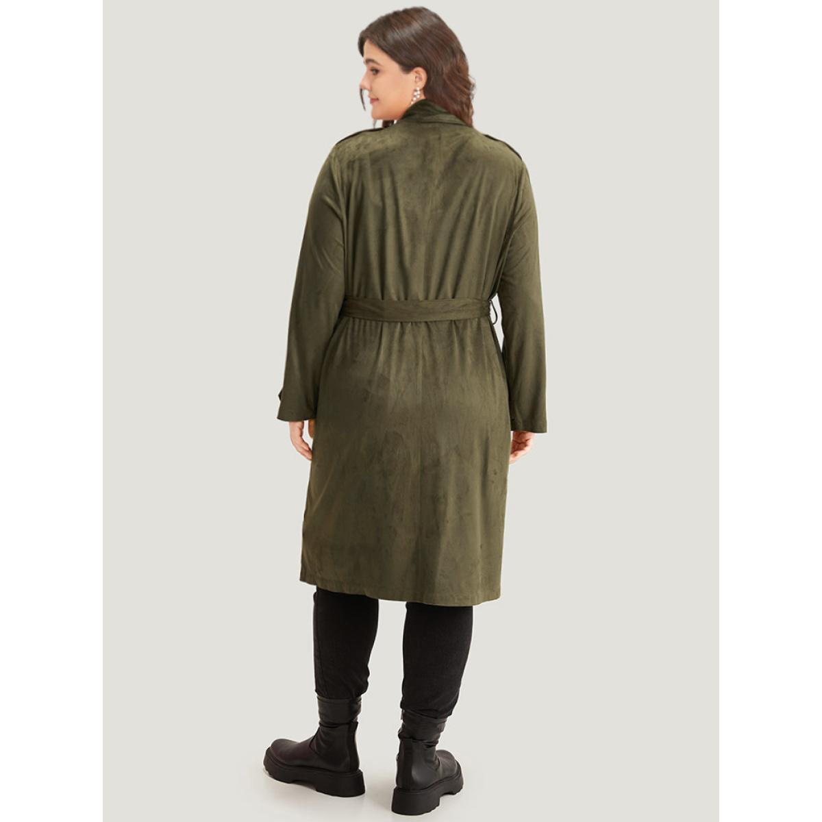 Plus Size Plain Lapel Collar Pocket Belted Faux Suede Coat Women ArmyGreen Casual Plain Ladies Dailywear Winter Coats BloomChic 10/M Product Image