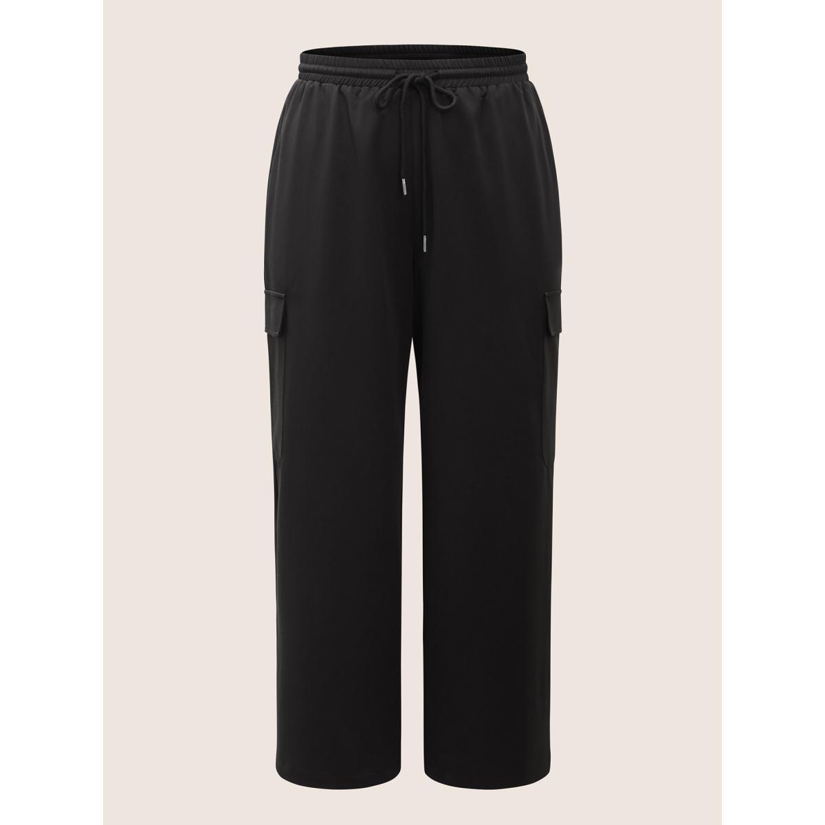 Plus Size Plain Pocket Drawstring Elastic Waist Straight Leg Pants Women Black Casual Straight Leg High Rise Everyday Pants BloomChic 18-20/2X Product Image