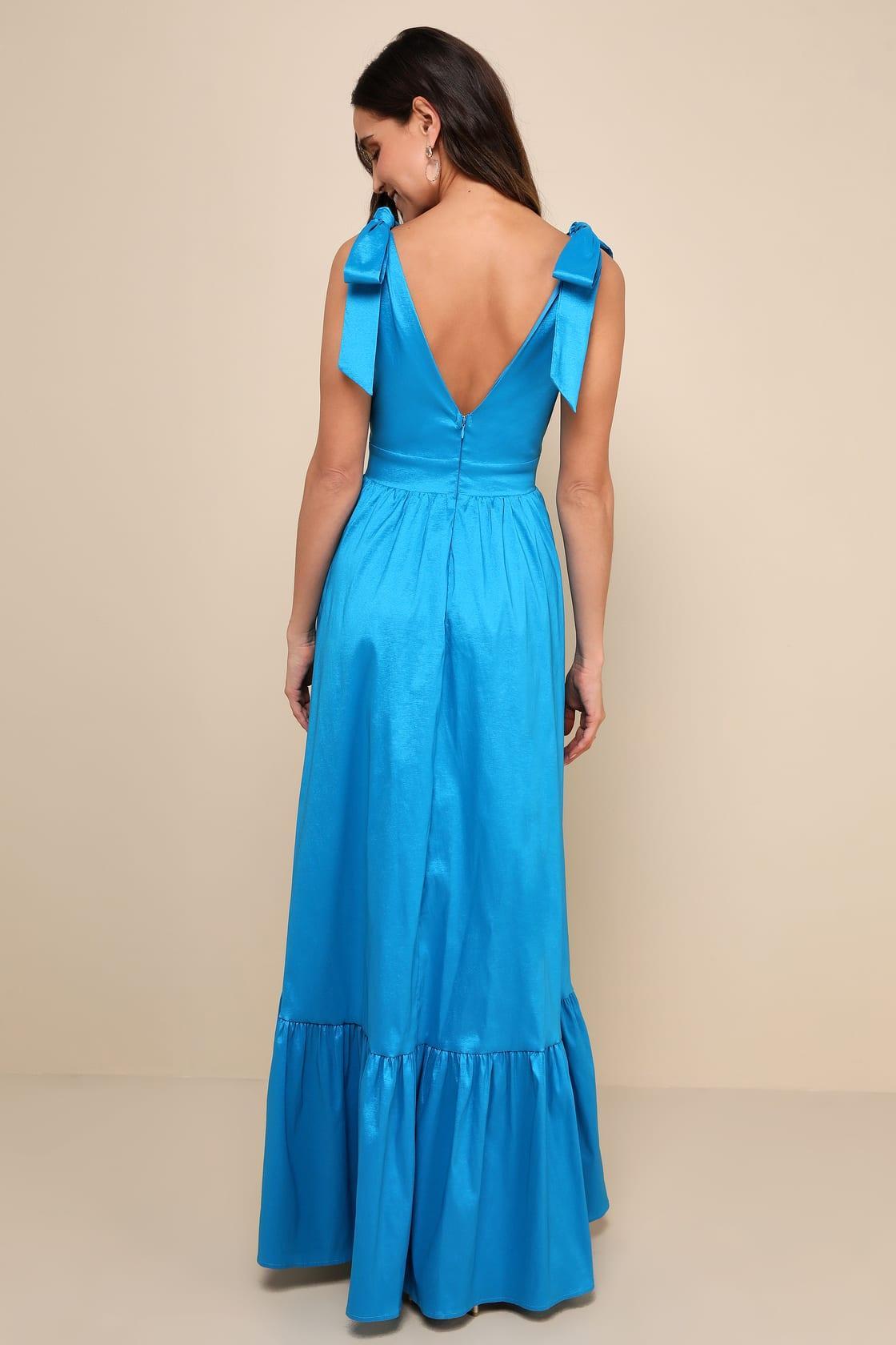 Rare Charm Teal Blue Taffeta Tie-Strap Maxi Dress With Pockets Product Image