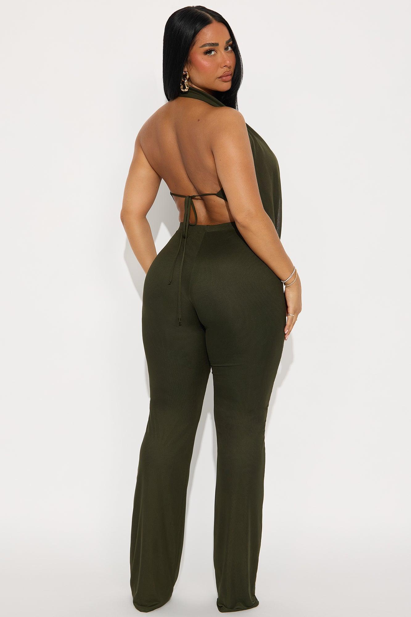Shayna Cowl Halter Mesh Pant Set - Olive Product Image