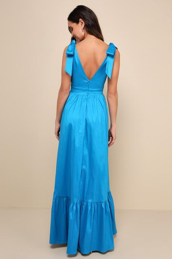 Rare Charm Teal Blue Taffeta Tie-Strap Maxi Dress With Pockets Product Image