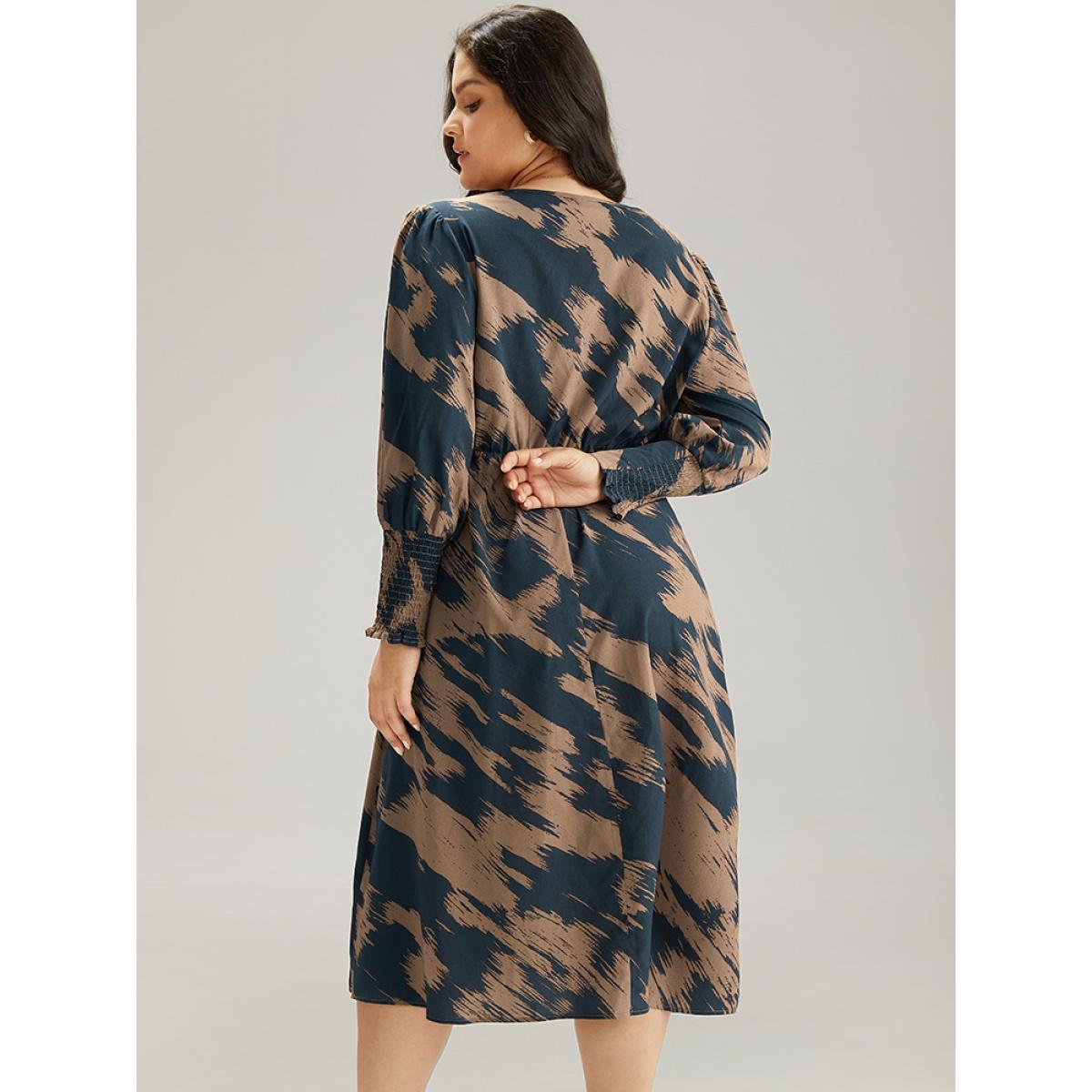 Plus Size Brush Print Elastic Waist Wrap Split Hem Dress Indigo Women At the Office Elastic Waist V-neck Long Sleeve Curvy Midi Dress BloomChic 18-20/2X Product Image