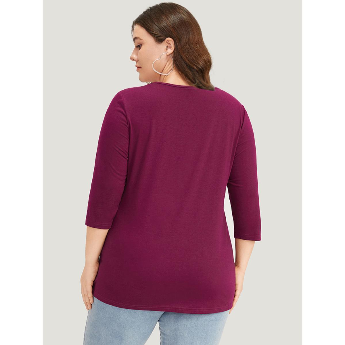Plus Size Solid Crisscross Three Quater Length Sleeve Deep V Neck T-shirt Burgundy Women Casual Plain Plain Deep V-neck Dailywear T-shirts BloomChic 26/4X Product Image