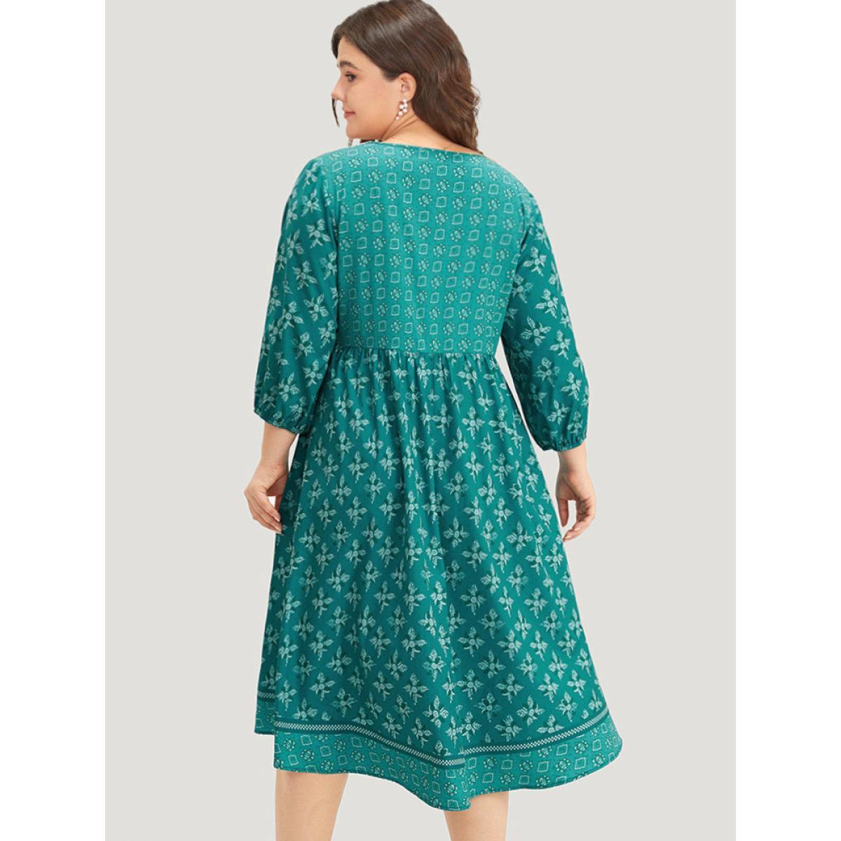 Plus Size Bandana Print Tie Neck Button Detail Dress Emerald Women Vacation Elastic cuffs Tie Neck Elbow-length sleeve Curvy Midi Dress BloomChic 30/6X Product Image