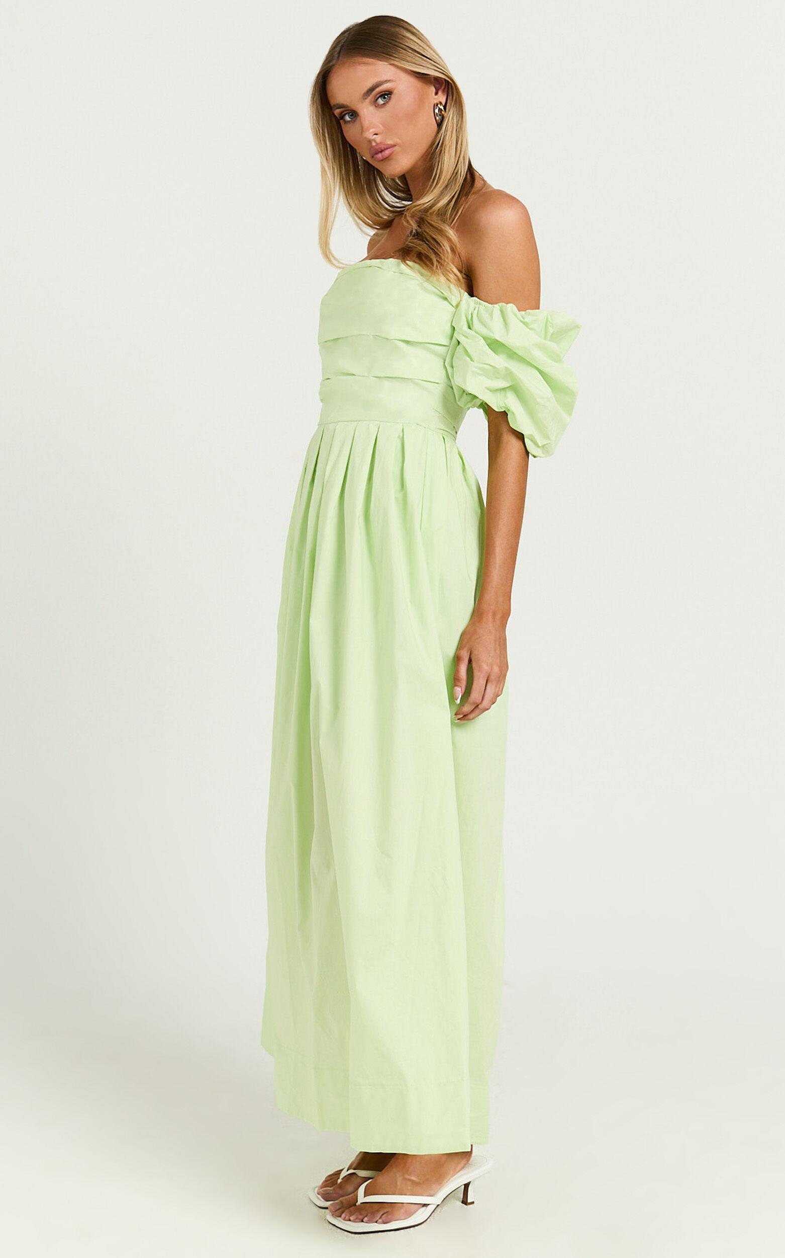 Annie Midi Dress - Off The Shoulder Ruffle Sleeve Pleated Dress in Lime Product Image