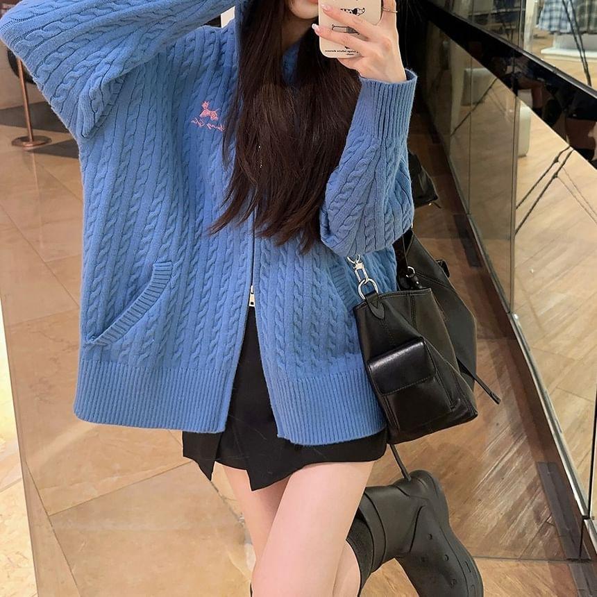 Letter Embroidered Hooded Cable-Knit Zip Cardigan / High Waist Plain Side-Slit Skort Product Image