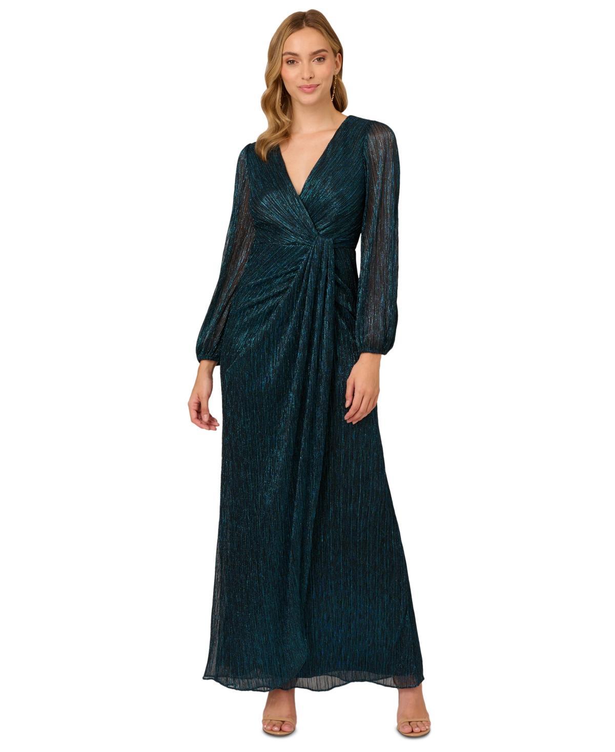 Adrianna Papell Metallic Long Sleeve Surplice V-Neck Ruched Detailed Draped Gown Product Image
