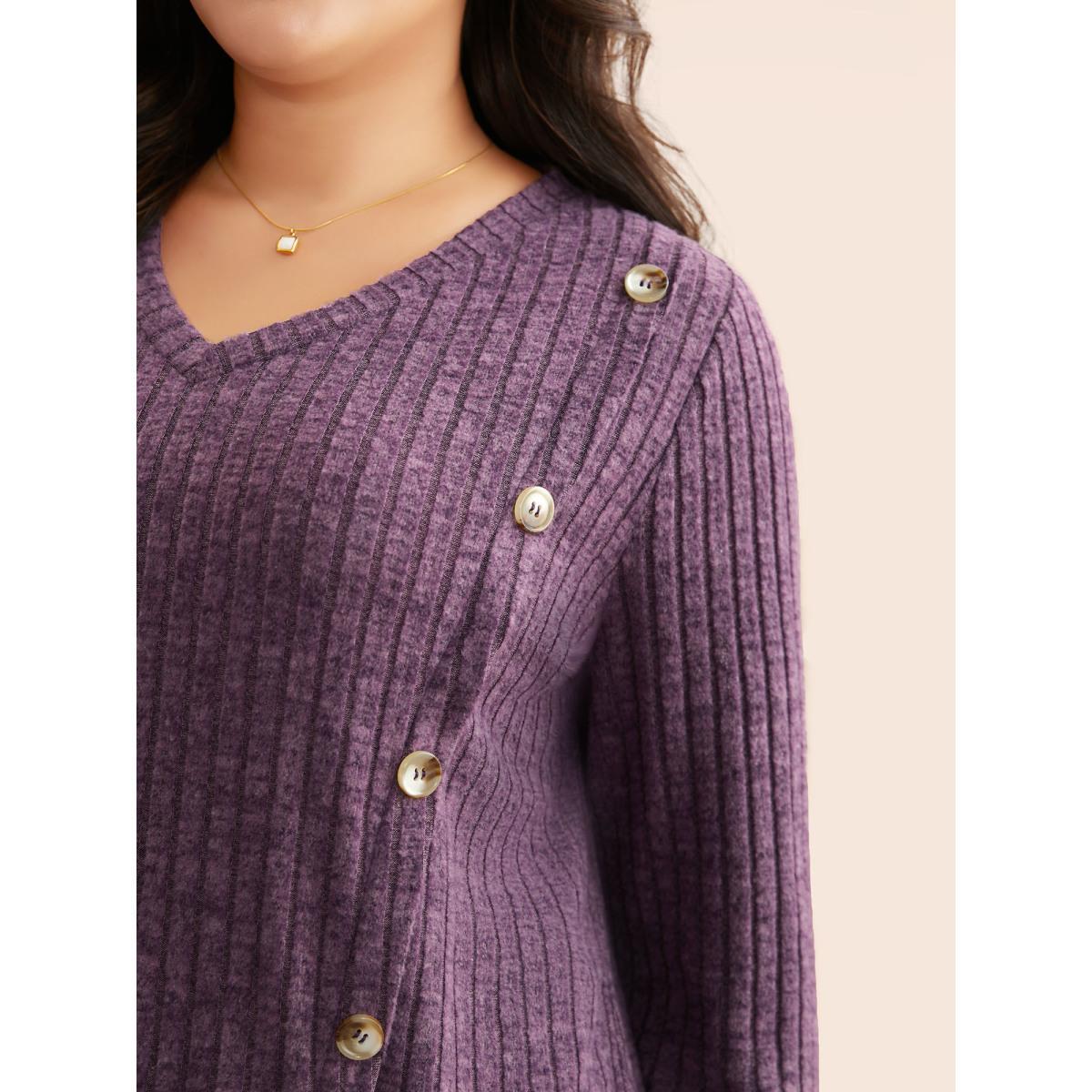 Plus Size V Neck Button Detail Rib Knit T-shirt Mauve Women Elegant Texture V-neck Everyday T-shirts BloomChic 12/L Product Image