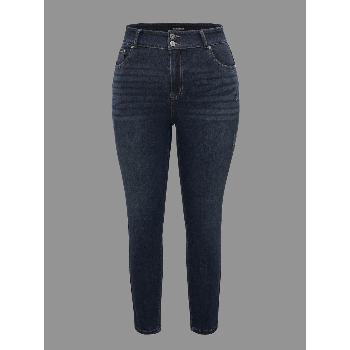 Plus Size Dark Wash Button Up Skinny Jeans Women Darkindigo Casual Button Medium stretch Slanted pocket Jeans BloomChic 28/5X Product Image