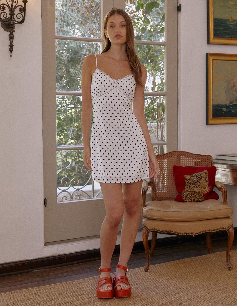 WEST OF MELROSE Polka Dot Womens Slip Dress - WHT/BLK Product Image