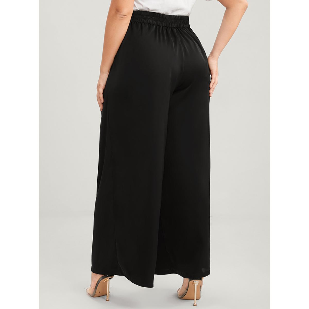 Plus Size Solid Elastic Waist Knotted Front Pocket Wide Leg Pants Women Black Casual Wide Leg High Rise Dailywear Pants BloomChic 22-24/3X Product Image